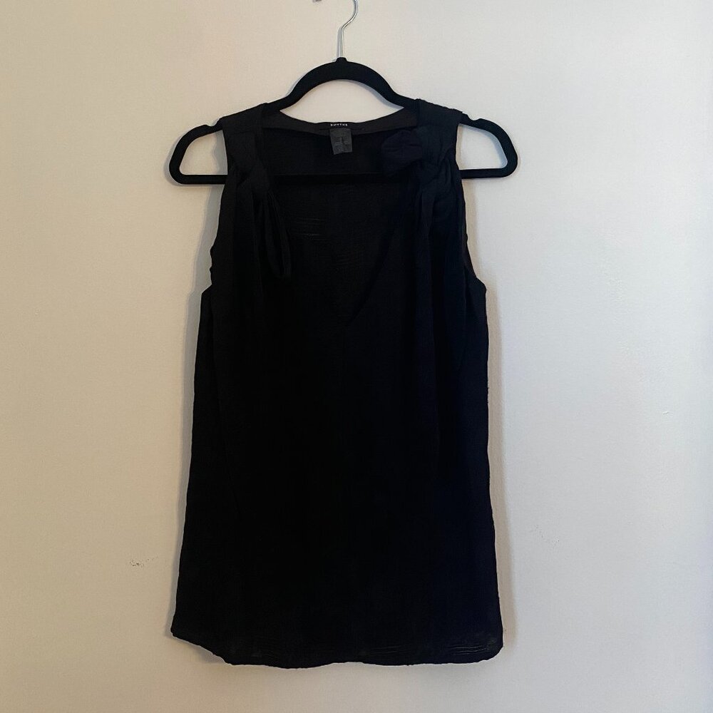 Smythe Black V Neck Sleeveless Blouse Top w/ Shoulder Bows Size XS - Picture 2 of 5
